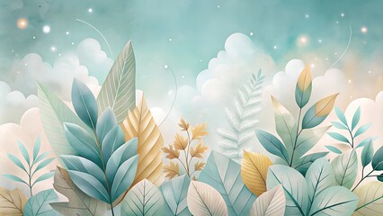 Ethereal abstract foliage arrangement with soft pastel leaves on dreamy background

