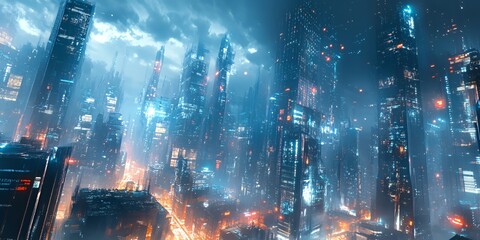 Fototapeta premium A futuristic city with towering skyscrapers, illuminated by bright lights.