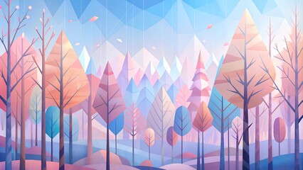 Abstract pastel forest landscape with geometric trees and mountains in soft hues
