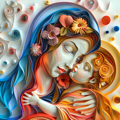 The Virgin Mary with the baby Jesus is a very colorful paper quilling
