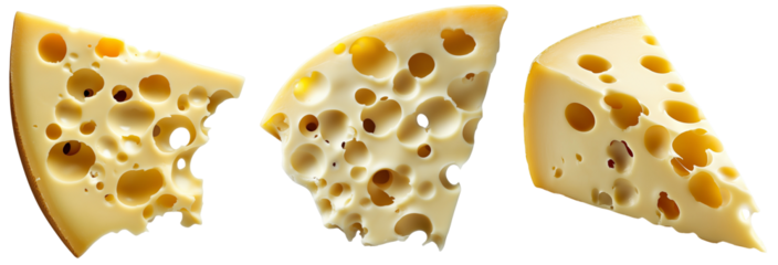 Swiss Cheese Trio: A classic culinary delight, three wedges of Swiss cheese, with their signature holes, isolated on transparent background.