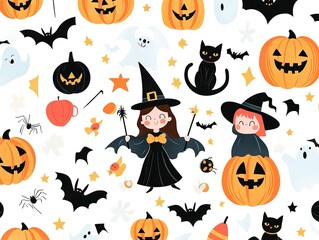 Halloween-themed seamless pattern with cute cartoon witches, wizards, pumpkins, black cats, bats, ghosts, and spiders on white background.