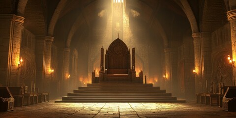 Obraz premium A majestic throne in a dimly lit medieval hall.