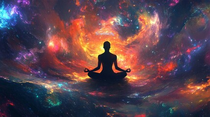 A silhouette of a person meditating in a vibrant, abstract nebula.  Cosmic energy and tranquility merge. .