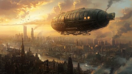 Naklejka premium Steampunk Cityscape with Airship