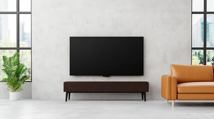 Stylish interior featuring a modern TV on a sleek stand, complemented by a cozy orange sofa and bright indoor plants.