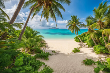 Fototapeta premium Serene Oasis: Tropical Island Beach with Majestic Palm Trees, palm trees on the beach