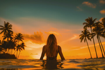 Fototapeta premium The young blonde woman bathes on the beach in the warm sea with palm trees at sunset