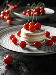 Indulgent dessert featuring a delicate layer cake and cherries on elegant plates