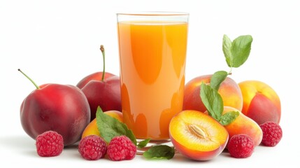 Fresh fruit juice with assorted fruits on white background