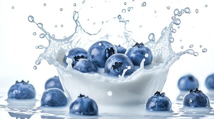 Blueberries splash into a pool of milk, creating a beautiful, white wave.