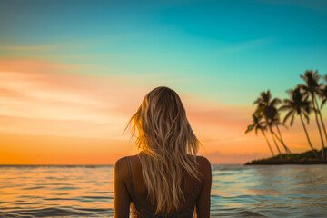 Fototapeta premium The young blonde woman bathes on the beach in the warm sea with palm trees at sunset