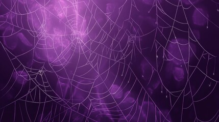 A spiderweb with dew drops sparkles in the purple light of a setting sun. .
