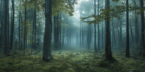 Foggy forest with tall trees and green undergrowth.