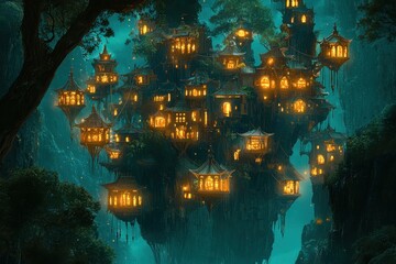 Enchanting floating island with glowing lanterns, magical fantasy landscape