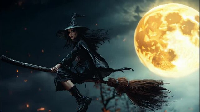 Halloween. A young witch flying on a broomstick through a mystical forest during autumn, with vibrant orange leaves falling around her. Perfect for themes of fantasy, Halloween, magic, and adventure.