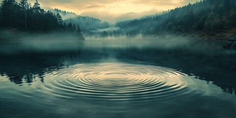 A misty lake with a single ripple in the water.