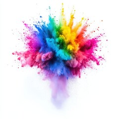 Colored Powder Explosion on White Background. Rainbow Spectrum Mix in Isolated Setting