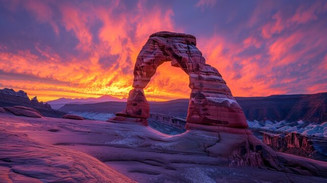 Iconic arching rock formation at dawn near Moab, Utah