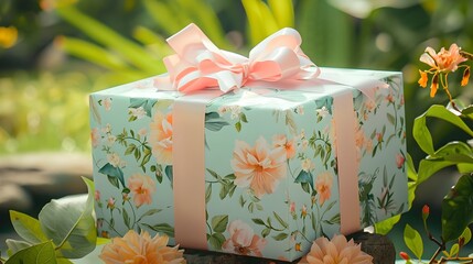 Charming Floral Gift Box Set in Lush Garden Scene with Pastel Ribbon