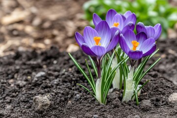 Vibrant purple crocuses blooming in spring soil