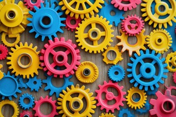 Colorful Gears. Industrial Machinery with Rotating Wheels and Cogs