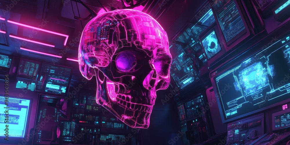 Wall mural Neon skull in a futuristic control room.