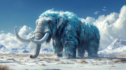The prehistoric mammoth grazes on sparse vegetation in the cold, vast plains of the Ice Age.