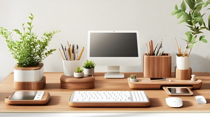 Minimalist Wooden Desk Setup with Plants.