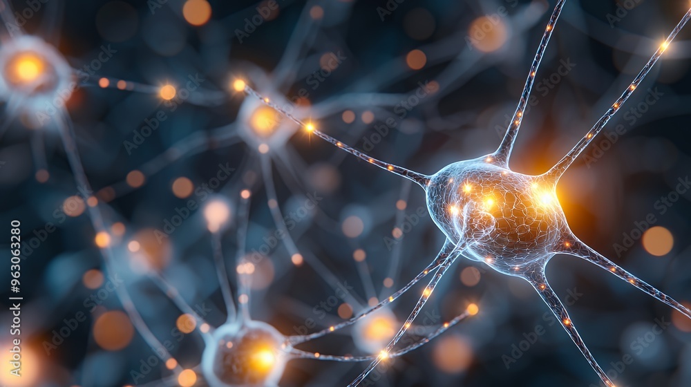 Aufkleber a close-up of a neuron with glowing synapses, illustrating the complex network of neural pathways.