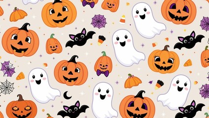 Seamless Halloween pattern featuring cute pumpkins, playful ghosts, and bats, perfect for festive decorations, party designs, and spooky seasonal projects.
