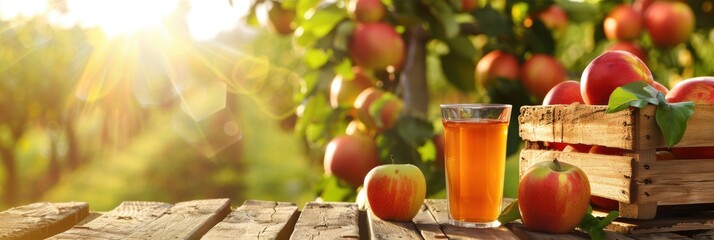 Fresh apple juice cider in glass with apple fruit on wooden table in orchard