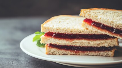 Classic peanut butter jelly sandwich on white plate