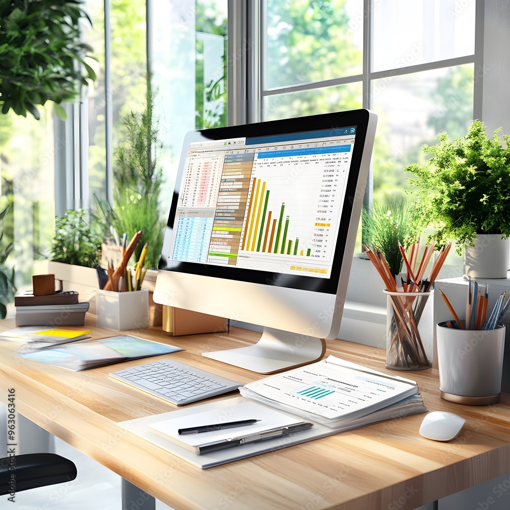 Poster modern office workspace with computer and charts.