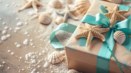 Elegant Gift Box with Starfish and Shells on Sandy Beach