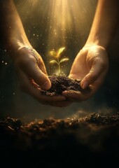 Hands Nurturing a Seedling with Sunlight