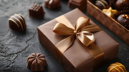 Luxurious Gourmet Chocolate and Sweets Gift Box Wrapped in Rich Brown Paper and Golden Ribbon