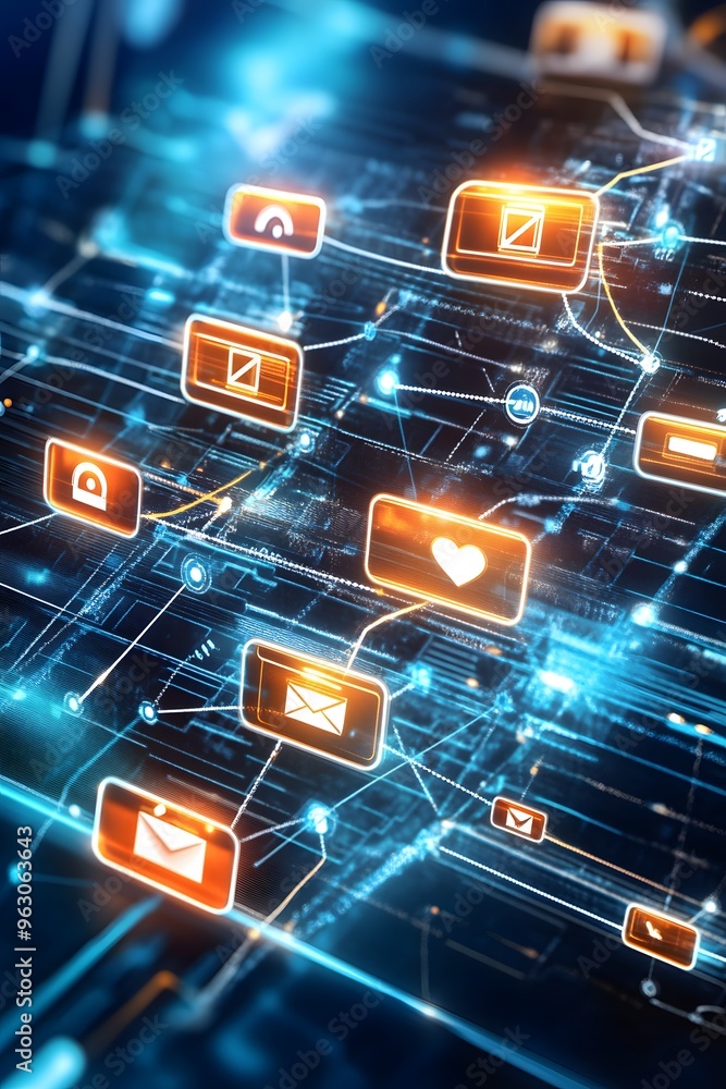 Poster digital network connection with orange and blue abstract design.