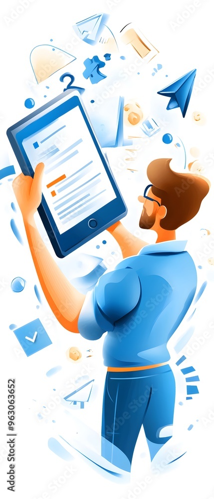 Aufkleber man with tablet computer surrounded by icons.