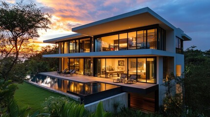 Fototapeta premium Modern Villa with Infinity Pool and Sunset View