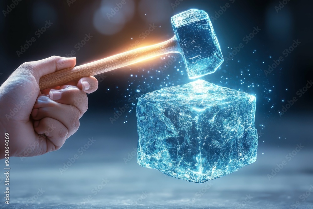 Poster a glowing hammer in a hand hovering above a floating cube of ice about to shatter it, symbolizing im