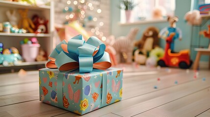 Colorful Cartoon Wrapped Gift Box with Playful Bow in Toy Filled Room