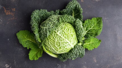 Fototapeta premium Fresh organic savoy cabbage on dark background