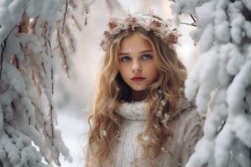 A young girl in a knitted sweater with floral crown admires snowy surroundings in winter wonderland