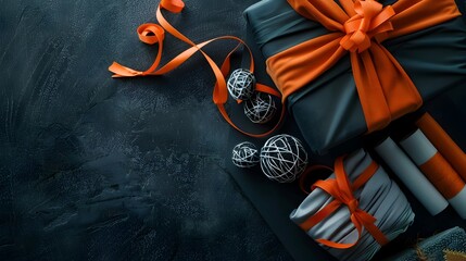 Beautifully Wrapped Gift Box with Vibrant Orange Ribbon and Bow on Dark Background