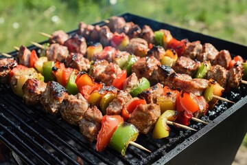 Juicy grilled kebabs with vegetables on summer barbecue