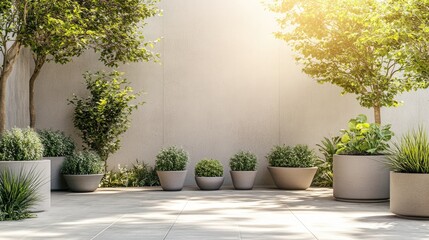 Sunlit Patio with Greenery and Concrete Pots