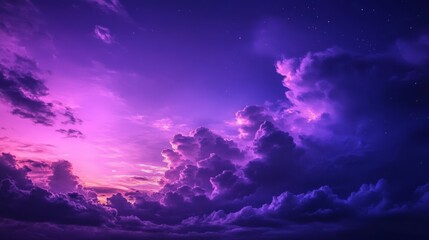 Obraz premium A vibrant purple sky with fluffy clouds and a scattering of stars. .