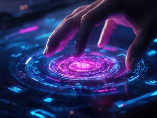 Obraz premium An interactive hologram glowing with neon light, with a user manipulating floating menus in a futuristic setting. 