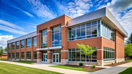 A modern middle school building features a sturdy brick fa&ccedil;ade, complemented by expansive windows that allow natural